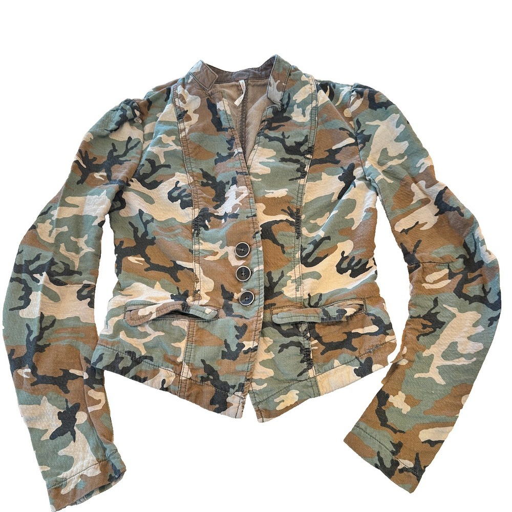 Free People Camo Military‎ Jacket Button Up Cotton Blend Fitted Casual Coat Sz 0